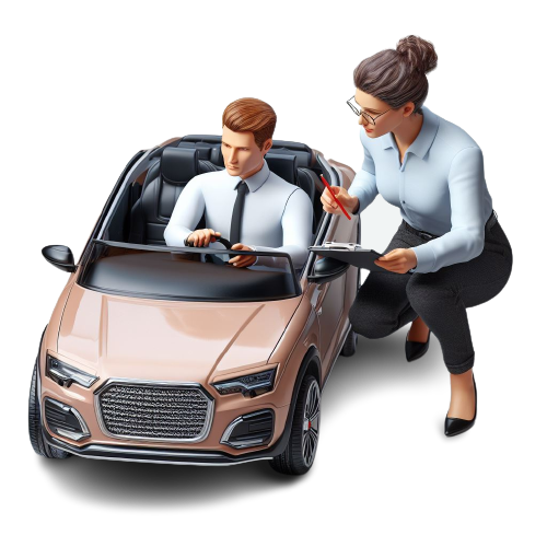 A man sitting in a toy car being instructed by a driving instructor woman to learn to drive