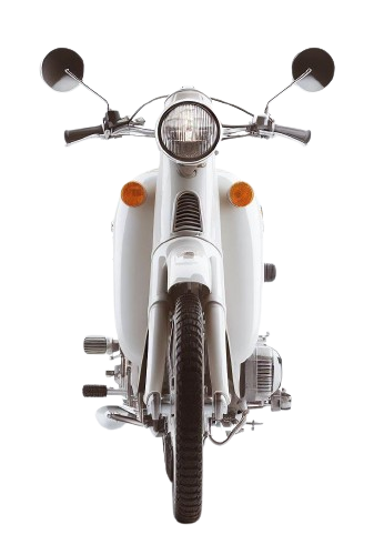 A white, vintage motorcycle. Front facing shot.